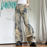 Lunivop Color Jeans Women Loose Washed Y2K Wide Leg Pant High Street Casual Fashion Streetwear